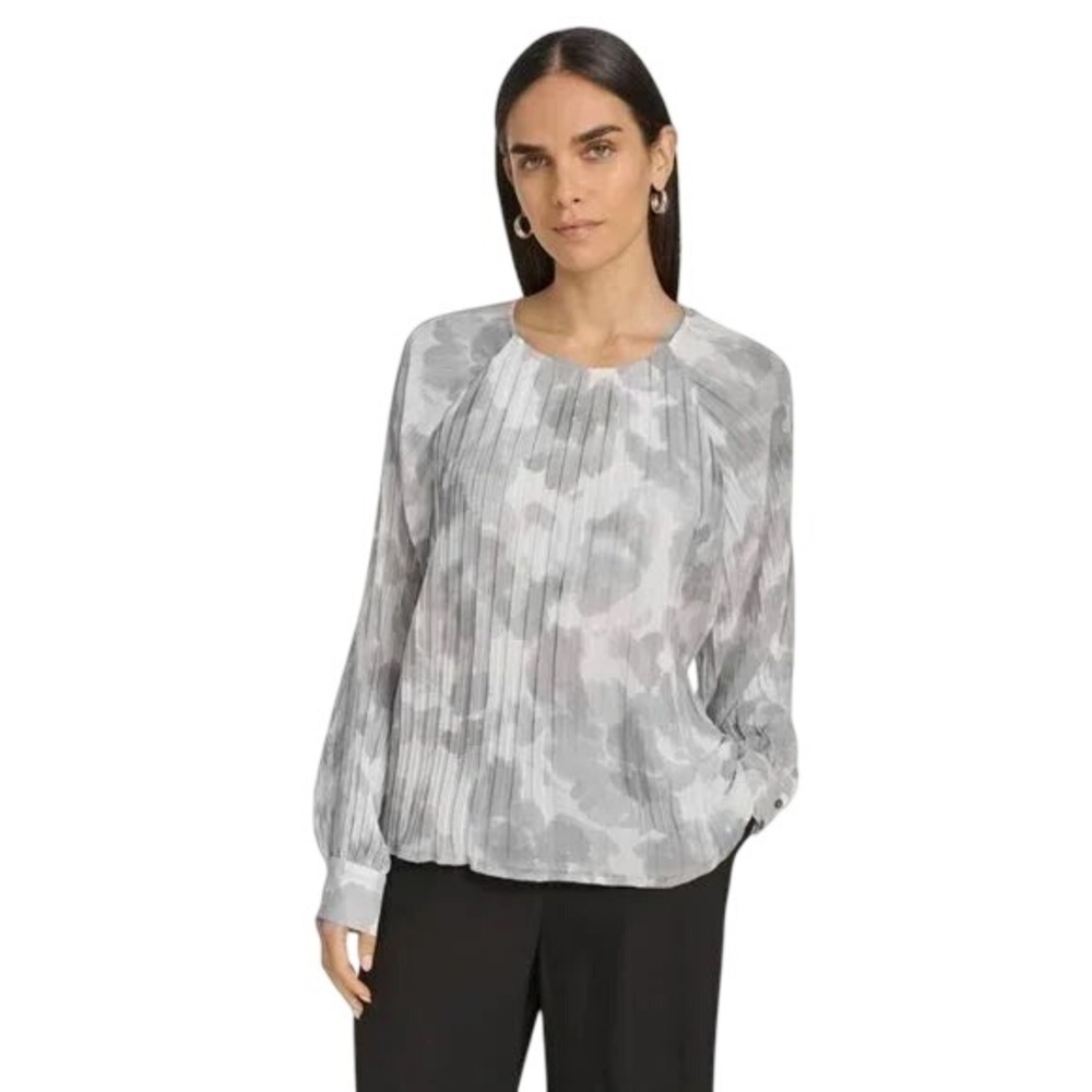 Calvin Klein Women's XL Gray Abstract Print Pleated Sheer Long Sleeve Blouse Top